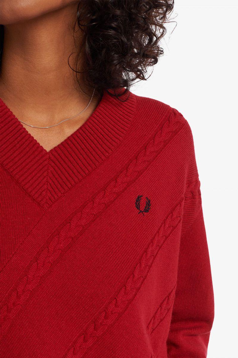 Red Fred Perry Split Hem Cable Knit Jumper Women's Knitwear | PH 1932TCEV